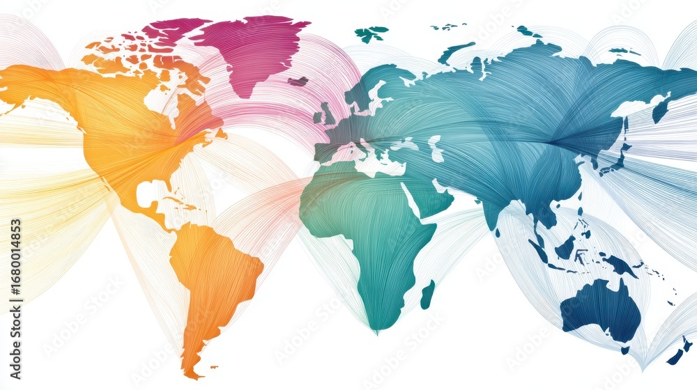 Poster a colorful, abstract world map illustrating global connections through flowing lines in various vibr