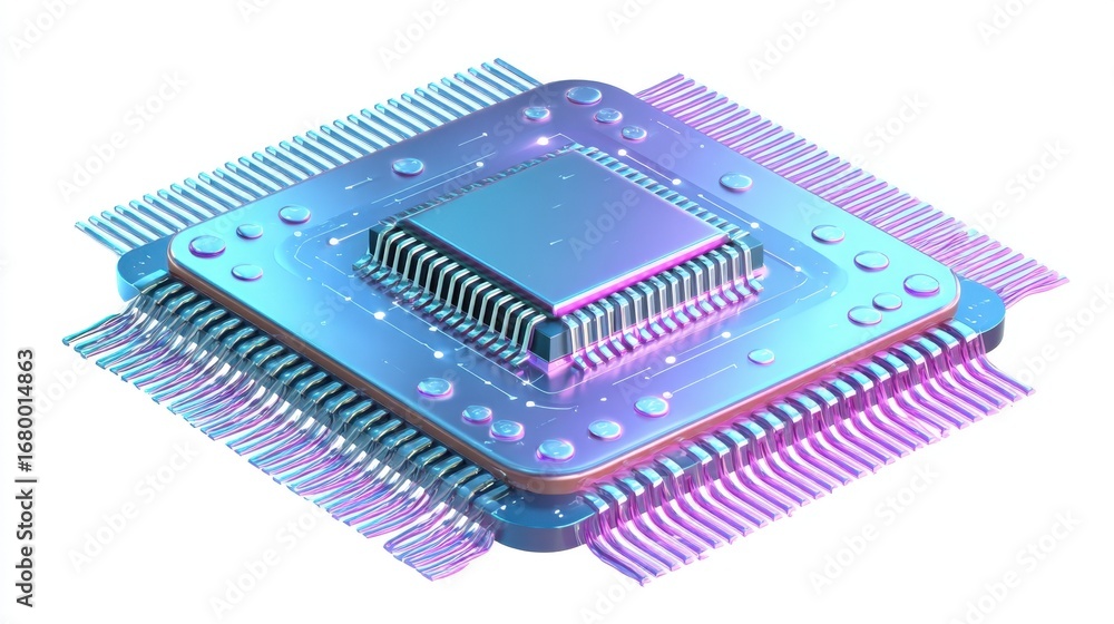 Poster a vibrant, futuristic depiction of a computer chip with intricate circuitry, showcasing technology a