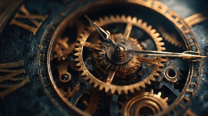 Fototapeta premium A close-up of an intricate clock mechanism, showcasing detailed gears and hands, emphasizing craftsmanship and the elegance of timekeeping.