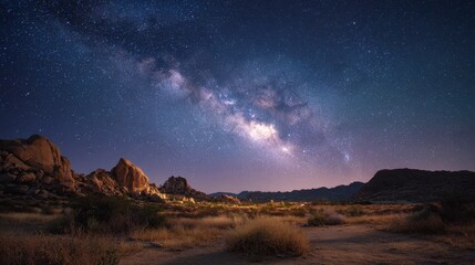 A breathtaking night sky filled with stars and the Milky Way, illuminating rocky formations and a serene landscape below.