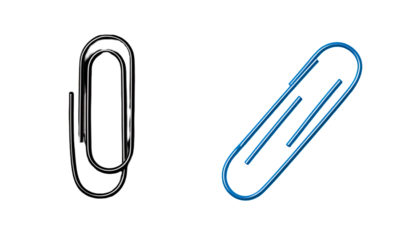 Two paperclip icons, one in grayscale, one in vibrant blue, on a black background. 