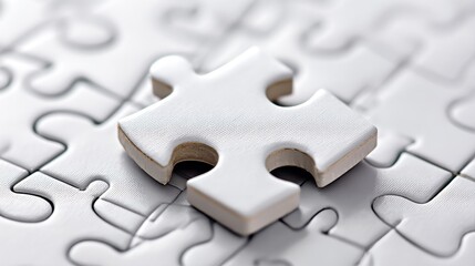 A close-up of a single white puzzle piece resting on a larger puzzle surface, highlighting the intricacies of the puzzle's texture and design.
