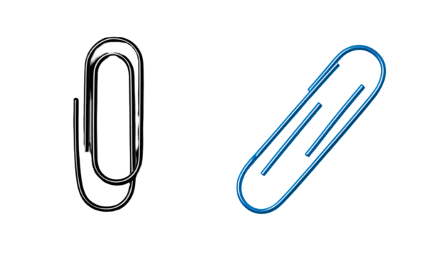 Two paperclip icons, one in grayscale, one in vibrant blue, on a black background. 