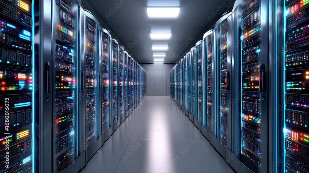 Poster a high-tech data center featuring rows of servers with illuminated panels in a sleek, modern environ