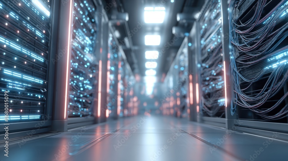 Aufkleber a futuristic data center with rows of illuminated servers and intricate wiring, showcasing advanced 