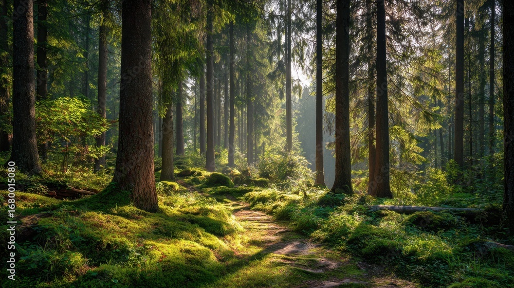 Poster a serene forest path illuminated by gentle sunlight, surrounded by tall trees and lush greenery, inv