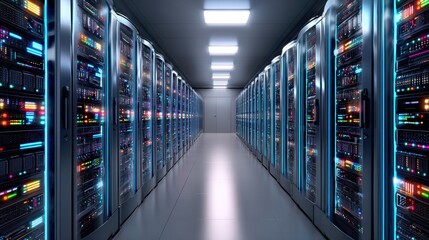 A high-tech data center featuring rows of servers with illuminated panels in a sleek, modern environment.