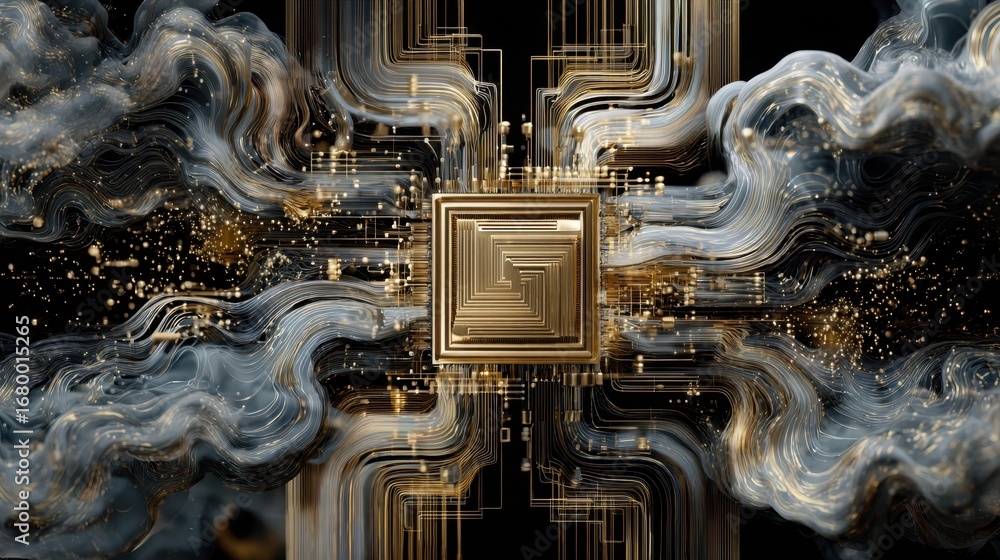Poster an abstract digital artwork featuring flowing lines and geometric shapes, with a central golden squa