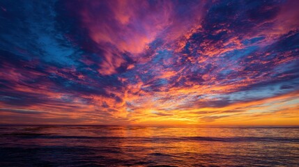 Obraz premium A stunning sunset over the ocean, showcasing vibrant colors of orange, purple, and blue, reflecting beautifully on the water's surface.