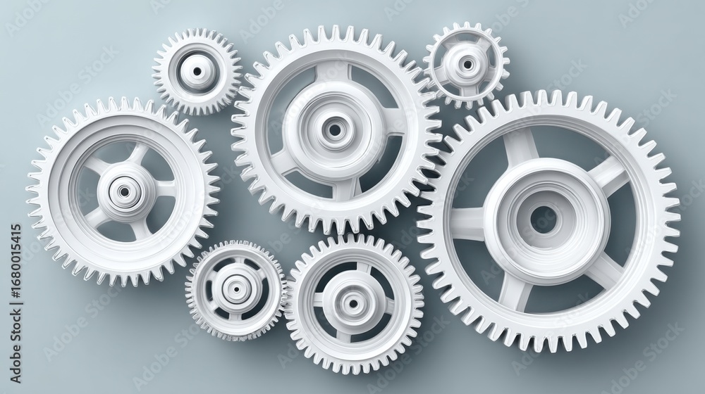 Poster a collection of white gears arranged aesthetically on a light background, showcasing mechanical desi