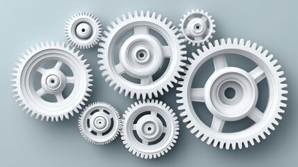 A collection of white gears arranged aesthetically on a light background, showcasing mechanical design and precision engineering.