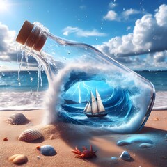 boat on the beach in a  glass bottle