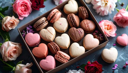 A box of heart-shaped macarons in various pastel colors and shades of brown sits amidst a scattering of delicate pink roses and red roses, creating a sweet and romantic display.
