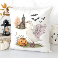 Halloween pillow with a pumpkin and a goose