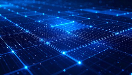 Abstract digital network.  Intricate blue grid with glowing points