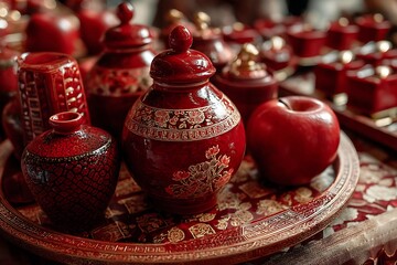 Exquisite Red Lacquerware Collection Decorative Vases  Apple Displayed on a Tray.