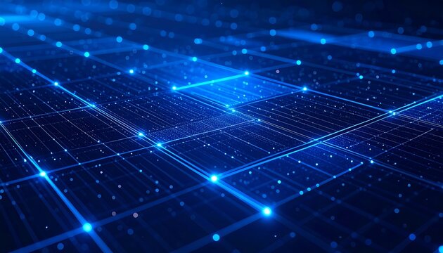 Abstract digital network.  Intricate blue grid with glowing points