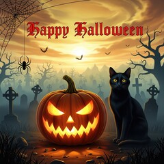 Happy Halloween: A spooky Halloween scene with a grinning jack-o'-lantern in front, a black cat, and a creepy graveyard in the background, complete with spiderwebs, bats, and a haunting sunset.