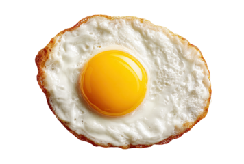 Fried egg, sunny-side up, close-up.  A perfectly cooked fried egg, yolk centered and bright yellow, resting on a bed of lightly browned white