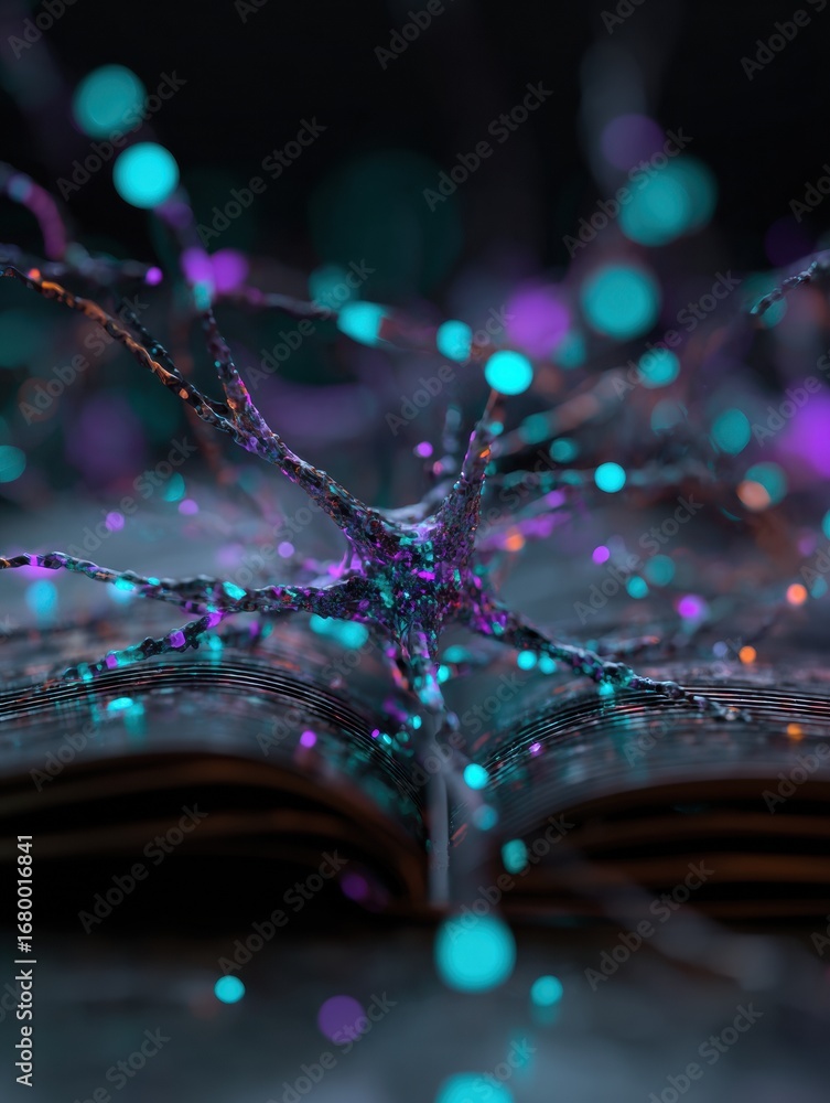 Poster colorful neural connections emerge from an open book showcasing creativity and imagination in a surr