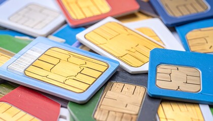 A close-up view of many SIM cards of various colors