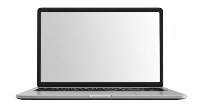 Laptop computer with blank screen.  Silver/gray chassis, black keyboard.  Modern design