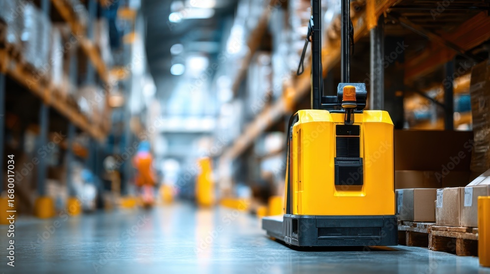 Poster medium shot of a robotic pallet mover navigating an indoor warehouse sharply focused on the machine 