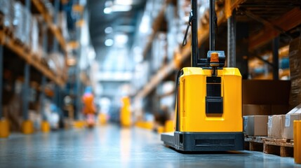 Medium shot of a robotic pallet mover navigating an indoor warehouse sharply focused on the machine with blurred shelves and workers in the background showcasing automation in