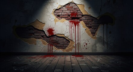 Blood Stain on the Wall: a dark, atmospheric image of a damaged wall with splashes of fresh blood, hinting at a crime scene or a moment of extreme violence