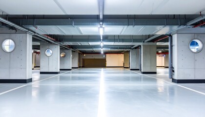 Underground parking facility featuring architectural concrete pillars and circular windows design