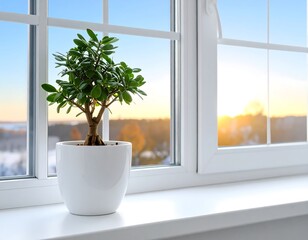 Small bonsai plant on a windowsill