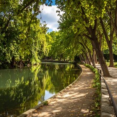 A serene waterway winds through a lush park, shaded by towering trees, reflecting the vibrant foliage.