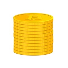 A stack of golden bitcoin coins, depicted in vibrant yellow, arranged neatly against a plain white background.