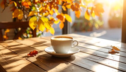 秋の公園にあるナチュラルなカフェでコーヒーを飲む