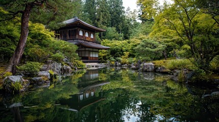 Fototapeta premium Serene Japanese Garden with Temple Reflection.