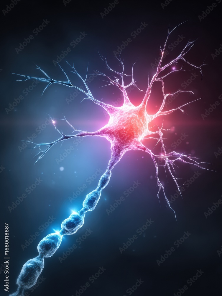 Poster colorful illustration of a neuron showcasing its structure and connections in a dark background emph