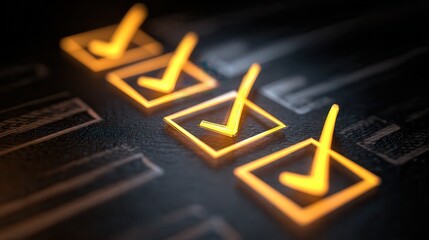 Task management checklist with glowing checkmarks, symbolizing productivity and organization. Ideal for project planning and efficiency.