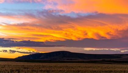 Vibrant Sunset Sky Over Rolling Hills and Fields.