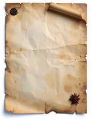 Aged parchment paper with creases, a rolled edge, and a star anise, showcasing a vintage aesthetic.