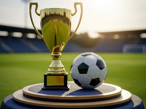gold trophy cup with soccer ball in the podium 
