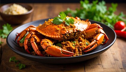Spicy crab dish on dark plate
