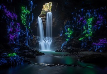 Waterfall cascading into a dark cave pool