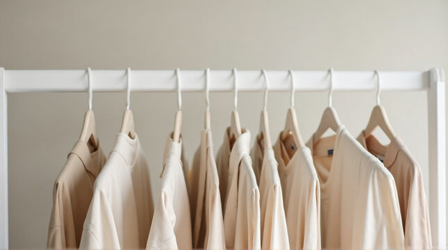 A close-up view of several beige and cream-colored shirts and tops hanging on a white wooden clothes rail against a pale beige wall.