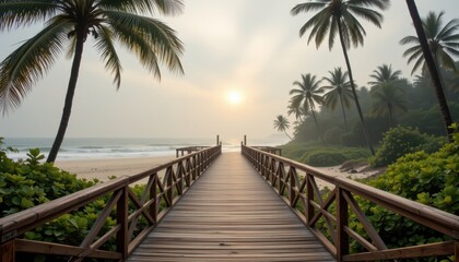 Natural and scenic view of a rustic wooden bridge surrounded by lush greenery inviting adventure and exploration