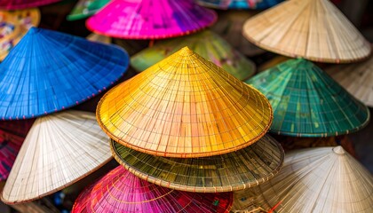 Vibrant display of traditional Vietnamese conical hats offering a glimpse into culture