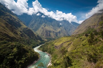 Fototapeta premium Mountainous River Valley Landscape In Green Foliage