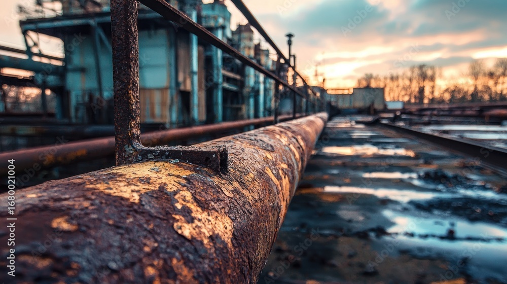 Poster a rusty metal pipe with rust stains and a chain link fence in the background, with a sunset sky and 