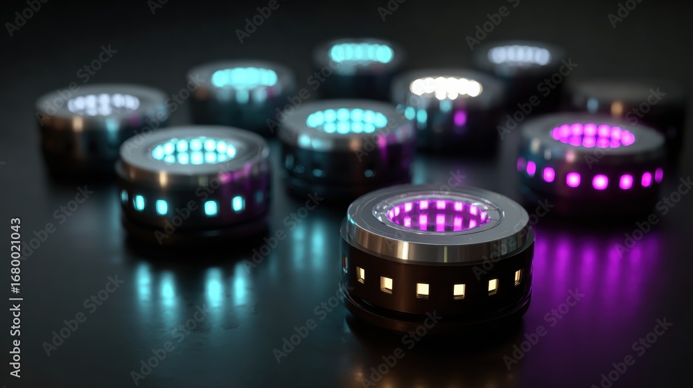 Poster colorful illuminated circular devices arranged on a dark surface showcasing a futuristic design and 