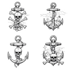 A collection of four handdrawn pirate anchor tattoo designs featuring skulls crossbones and nautical ropes.