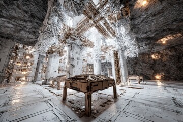 Pixelated Cave Interior With Wooden Table And Glowing Lights